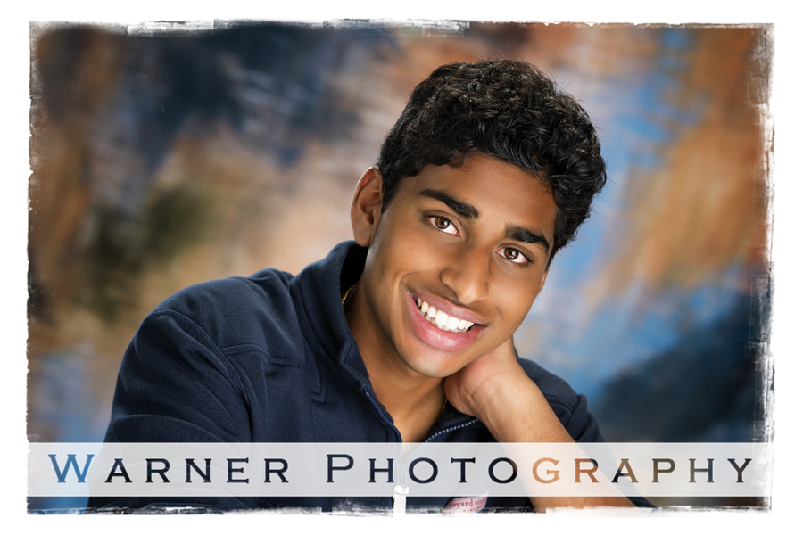 Studio portrait of Dow High School senior Saketh at the Warner Photography Studio
