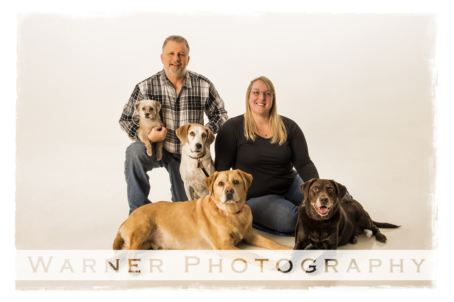 studio portrait of the Robinson family and their four dogs