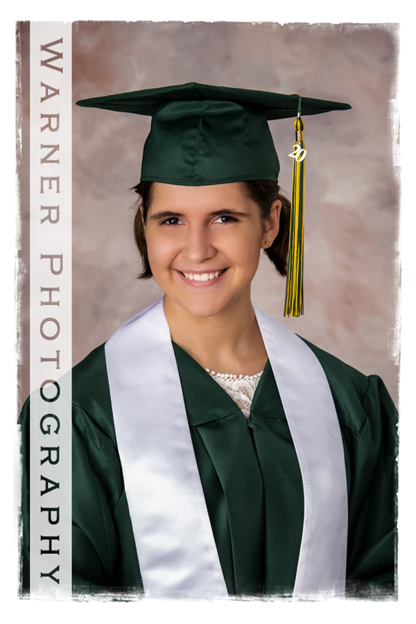 Studio portrait of Dow High School graduate Christie in her cap and gown