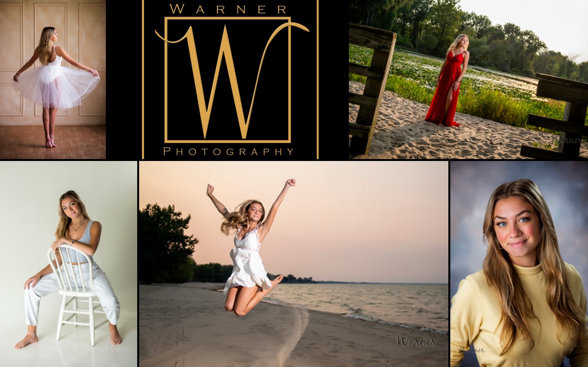 a collage of Midland High School senior Grace at the studio and Bay City State Park