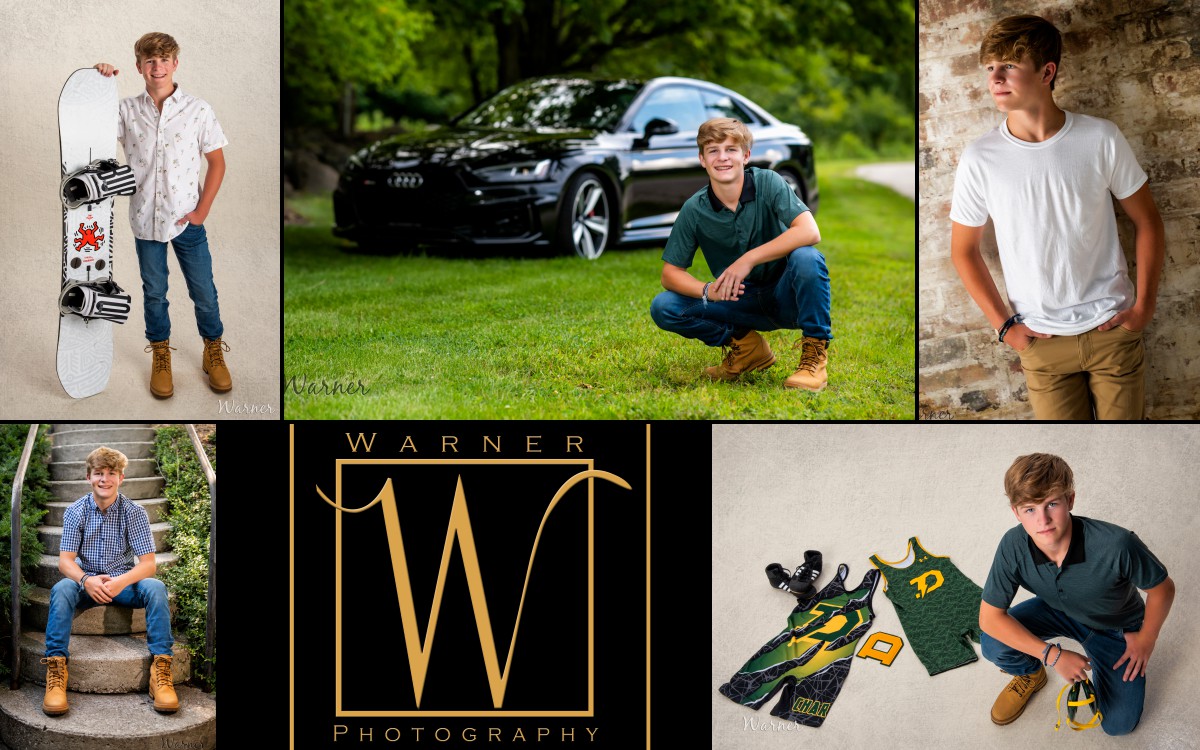 A collage of Dow High School senior Brennan at Dow Gardens, Downtown Midland and the Warner Photography Studio