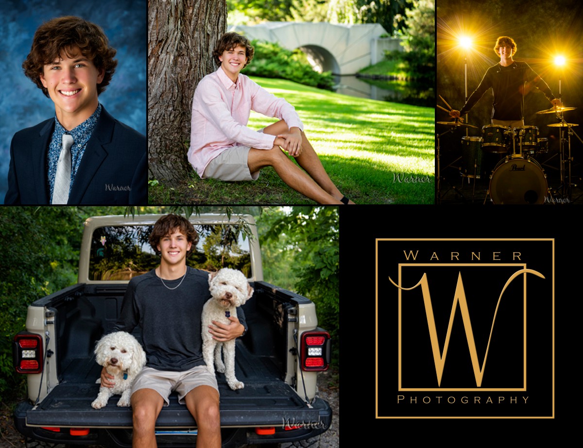 A collage of Dow High School senior Luke at Dow Gardens, Downtown Midland and the Warner Photography Studio
