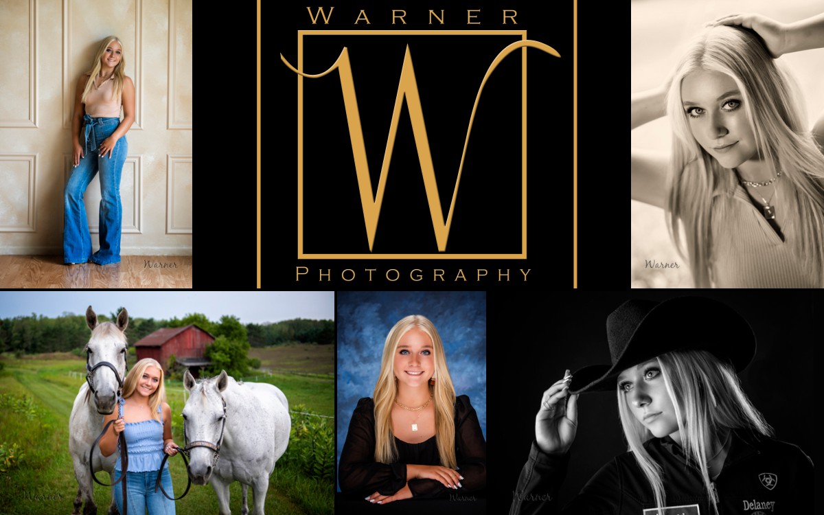 A collage of Ogemaw High School senior Delaney on private property and the Warner Photography Studio
