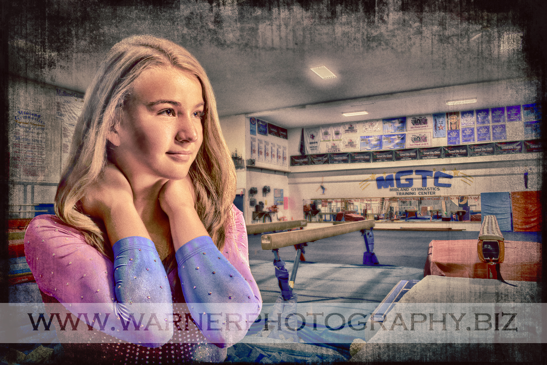An on location portrait of Tayden at the Midland Gymnastics Training Center by Warner Photography
