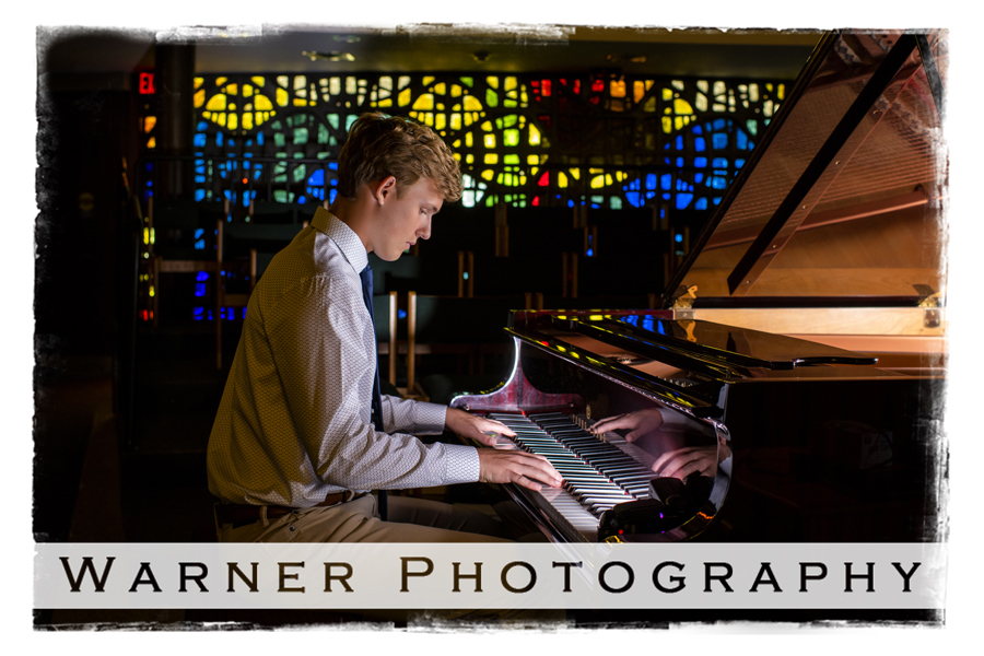 An on location portrait of Dow High School senior Sean at Blessed Sacrament Catholic Church by Warner Photography