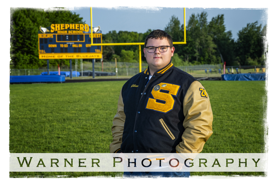An on location portrait of Shepherd High School senior Will at the Shepherd High School football field