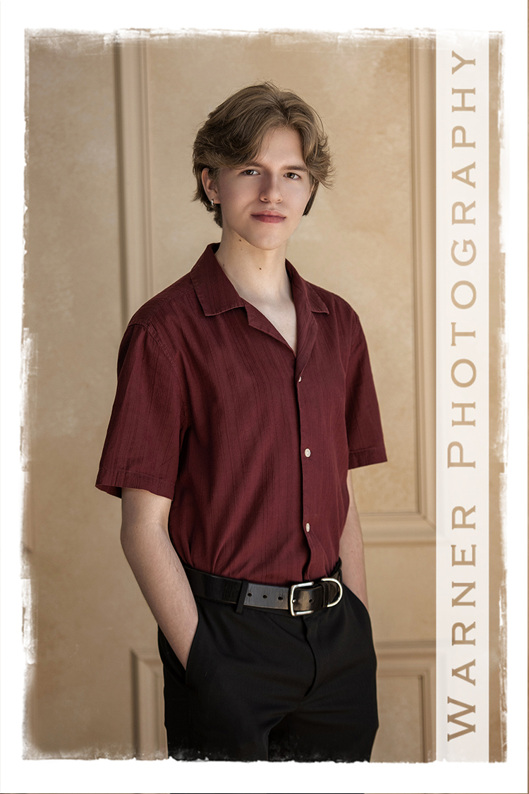 A studio portrait of Dow High School senior Tyler at the Warner Photography Studio in Midland Michigan